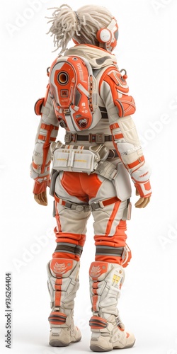 Astronaut in white and orange space suit, showcasing futuristic technology, standing with back turned