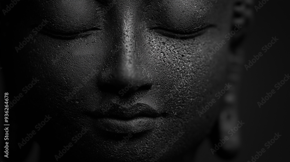 Black buddha statue face expressing serenity and tranquility Black buddha statue face expressing serenity and tranquility