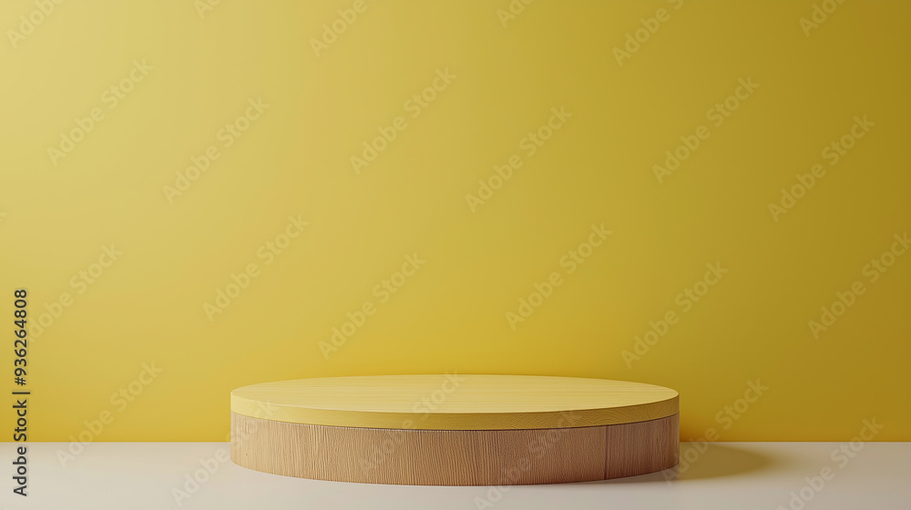 Empty round wooden podium on yellow background for product placement Empty round wooden podium on yellow background for product placement