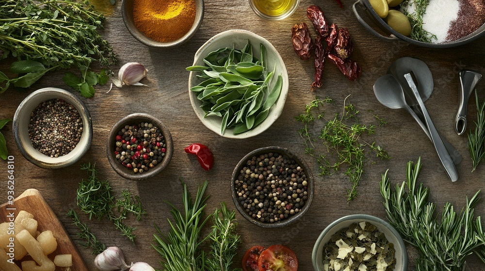 An assortment of fresh herbs, spices, and vegetables arranged on a rustic wooden table for meal preparation in an inviting kitchen setting An assortment of fresh herbs, spices, and vegetables arranged on a rustic wooden table for meal preparation in an inviting kitchen setting