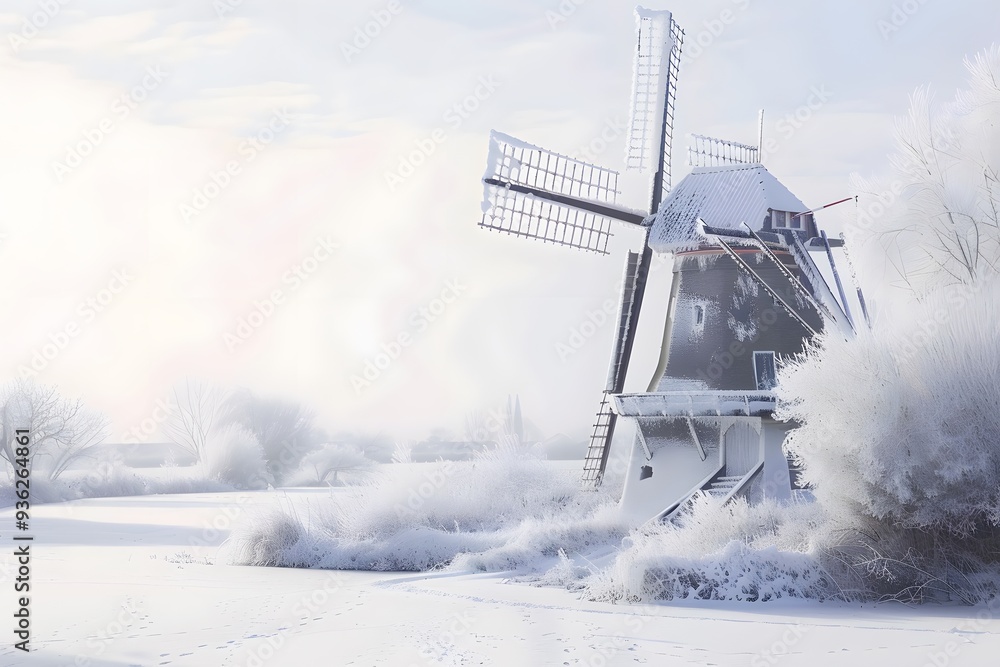Obraz premium Snow-dusted windmill gracefully situated in a tranquil winter landscape, showcasing the serenity of the season.