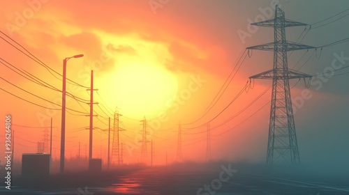 Power grid under strain during heatwave, power lines and transformers, 3D illustration