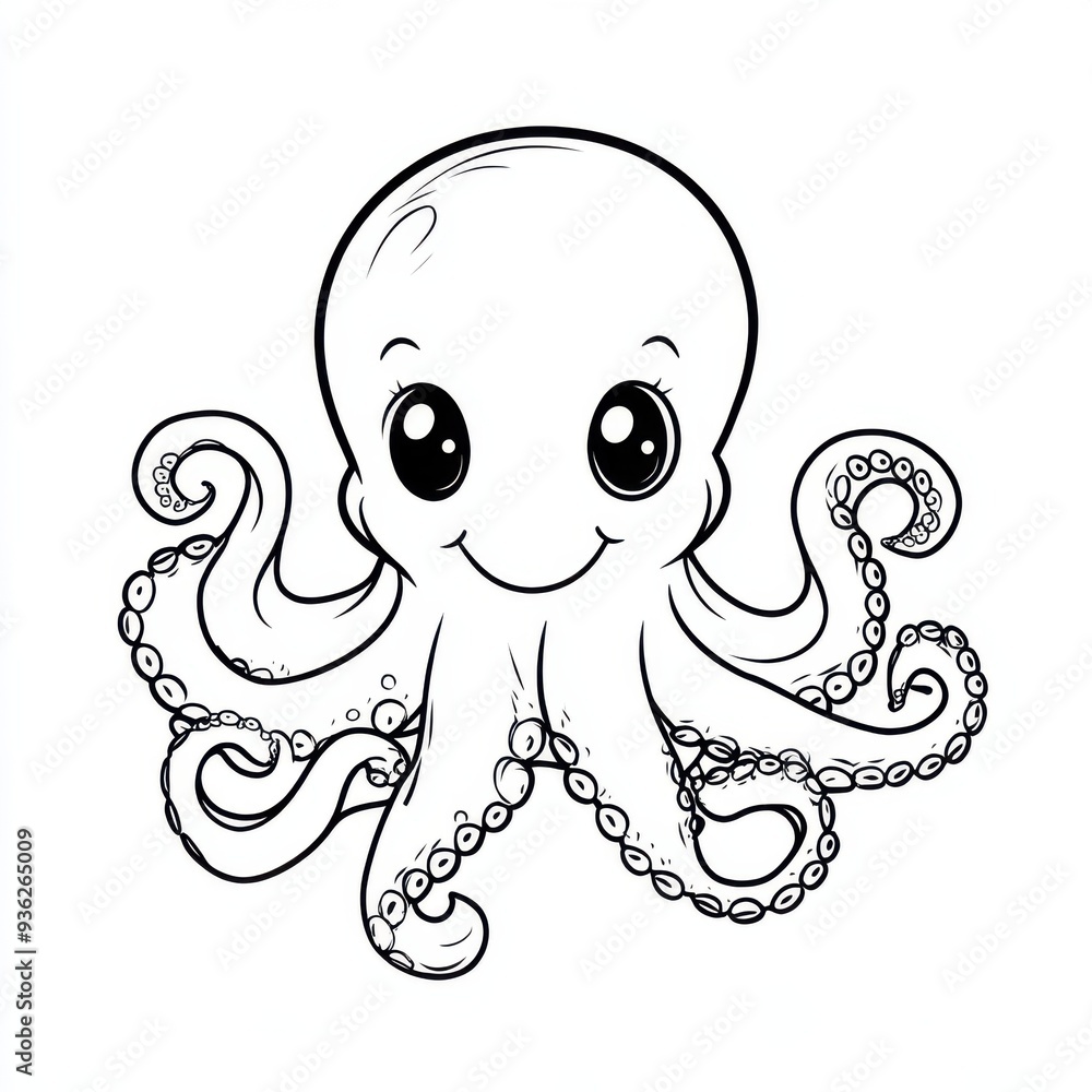 Outline illustration of a black and white octopus for drawing and coloring on white background Outline illustration of a black and white octopus for drawing and coloring on white background