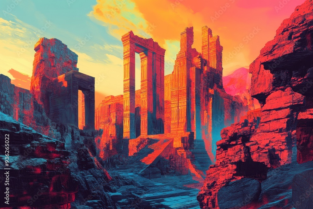 Ancient Ruins Amidst a Crimson Sunset Ancient Ruins Amidst a Crimson Sunset