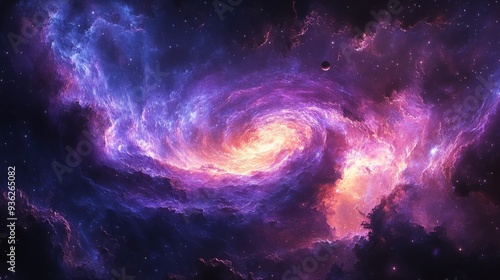 Colorful swirling galaxy in deep space with small planet. cosmic nebula and stars.