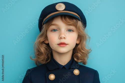 Child dressed as train conductor with whistle on blue background