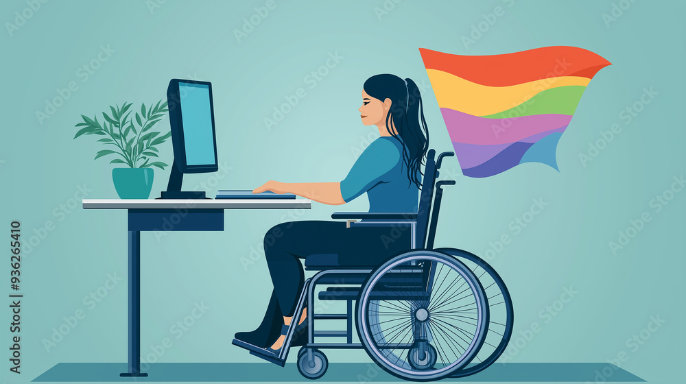 Fototapeta premium Confident lgbtq businesswoman working on a computer at her office desk with a rainbow flag