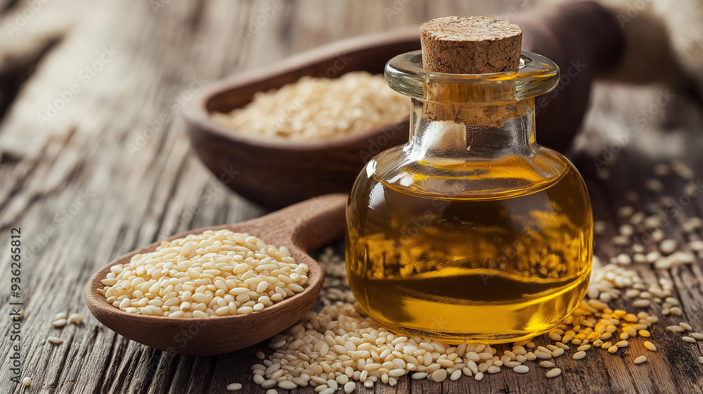 Sesame oil in glass bottle surrounded by sesame seeds on rustic wood Sesame oil in glass bottle surrounded by sesame seeds on rustic wood