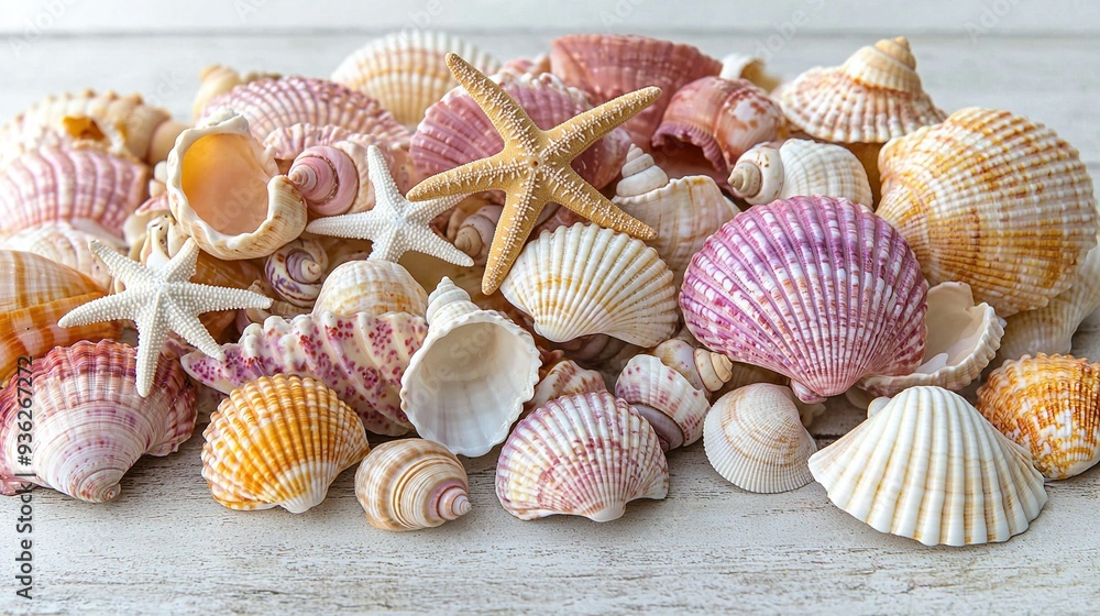 A seashell pile sits on a white wooden table with a wine bottle nearby A seashell pile sits on a white wooden table with a wine bottle nearby
