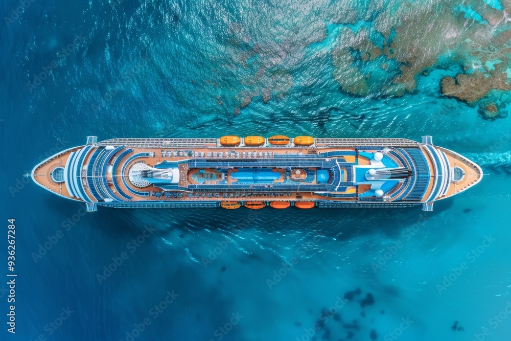 Aerial View Of A Cruise Ship Sailing On An Azure Sea Water During Summer Vacation. Top View. Aerial View Of A Cruise Ship Sailing On An Azure Sea Water During Summer Vacation. Top View.