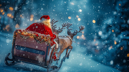 Santa claus riding sleigh in snowy forest delivering christmas presents