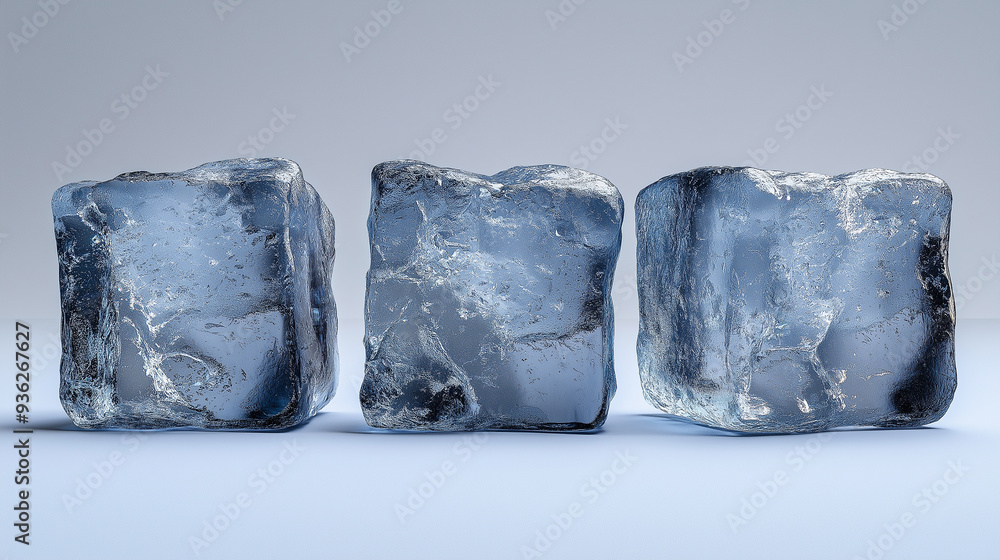Obraz premium Three ice cubes standing on a frosted surface