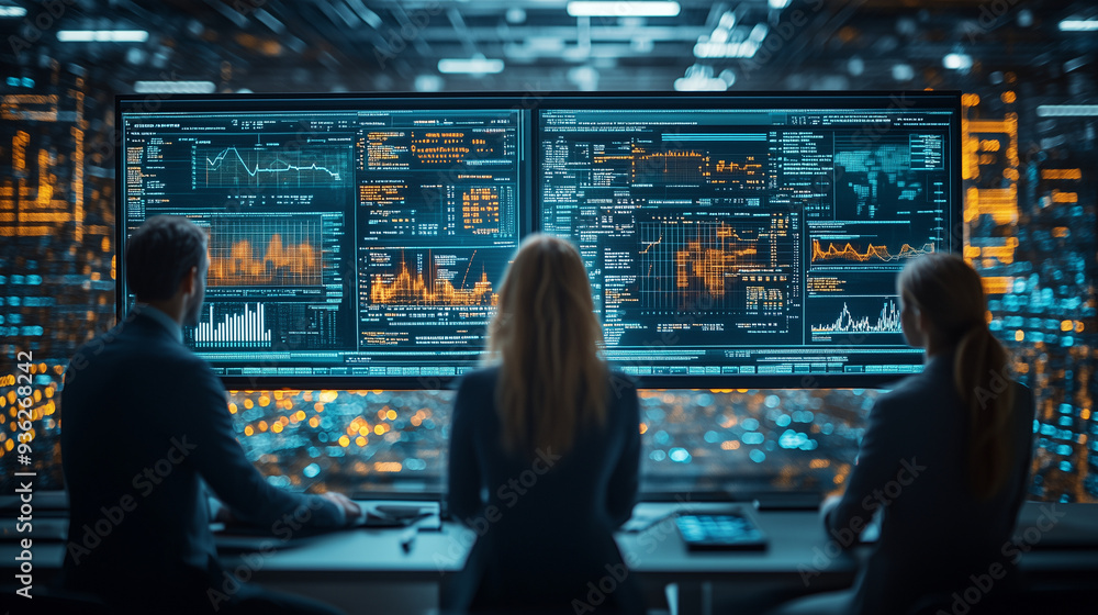 A group of business professionals conducting a financial analysis, with a focus on KPIs and financial ratios on a large digital screen. A group of business professionals conducting a financial analysis, with a focus on KPIs and financial ratios on a large digital screen.