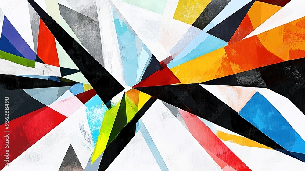 Obraz premium Abstract geometric artwork featuring vibrant colors and sharp angles creating a dynamic composition of intense contrasts and shapes