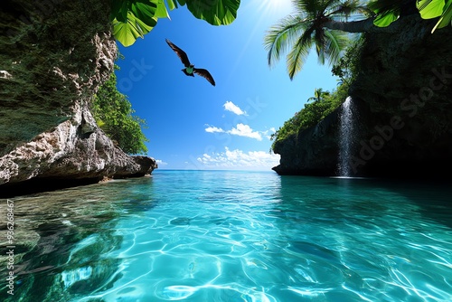 A secluded cove with turquoise water, a waterfall cascading into the ocean, and a bird soaring overhead.