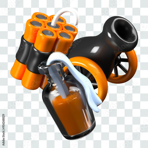 Set of explosive weapons. Wheel cannon, bundle of dynamite, Molotov cocktail