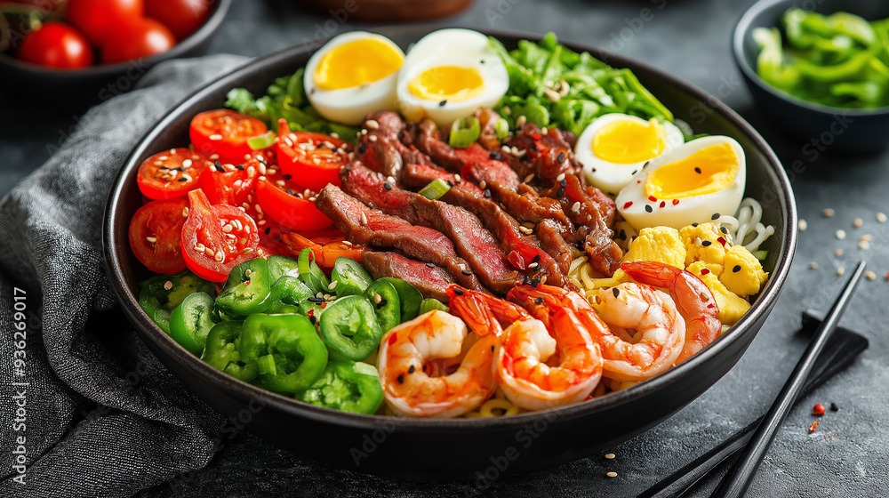 Poke bowl with shrimps, beef, eggs, vegetables and rice noodles being served on dark background Poke bowl with shrimps, beef, eggs, vegetables and rice noodles being served on dark background