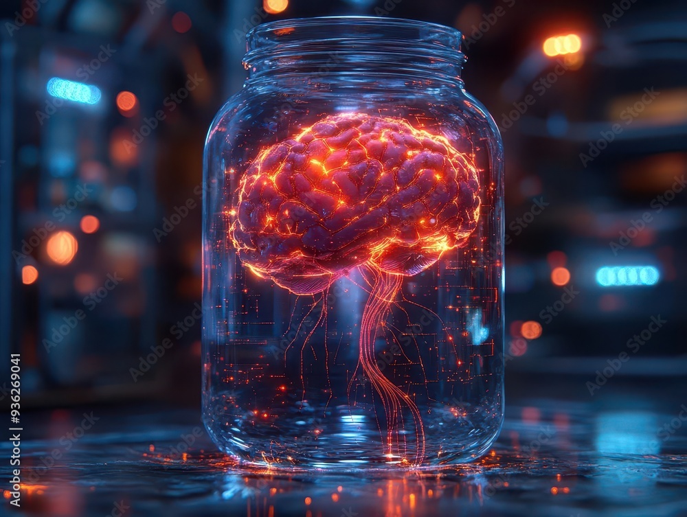 surreal depiction of artificial intelligence glowing cybernetic brain suspended in clear liquidfilled jar tendrils of data streaming from neural connections surreal depiction of artificial intelligence glowing cybernetic brain suspended in clear liquidfilled jar tendrils of data streaming from neural connections