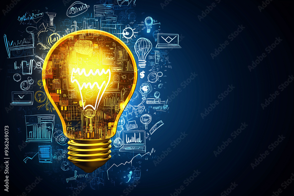 Glowing light bulb showing business plan and ideas on blue background Glowing light bulb showing business plan and ideas on blue background