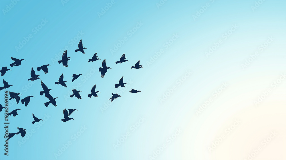 Flock of birds is flying together in blue sky with bright light Flock of birds is flying together in blue sky with bright light