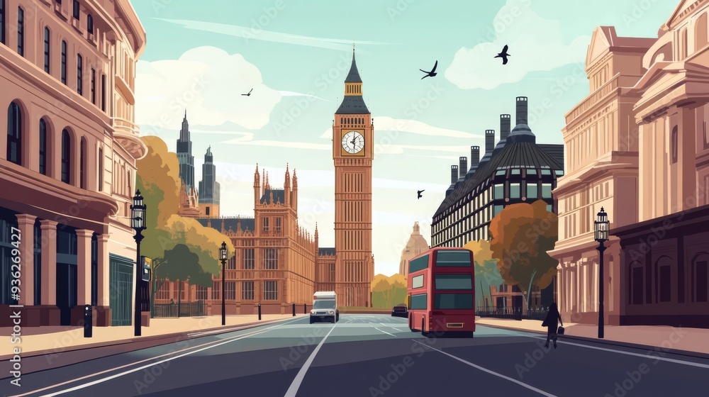 Obraz premium Streetlevel view of London, looking up at Big Ben and surrounding architecture, flat design illustration