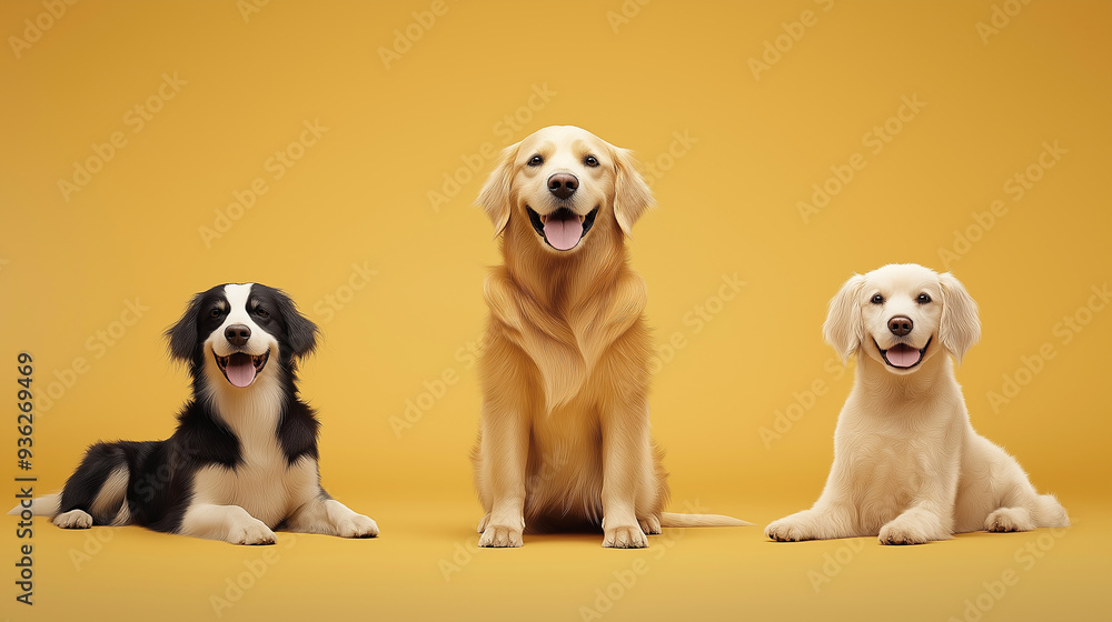 Three happy dogs smiling on yellow background Three happy dogs smiling on yellow background