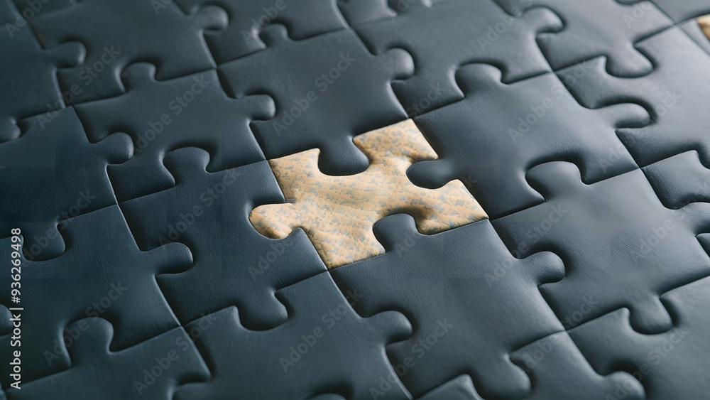 The image displays a section of a puzzle featuring interlocking dark pieces, revealing a missing light-colored piece that creates an intriguing visual contrast. The image displays a section of a puzzle featuring interlocking dark pieces, revealing a missing light-colored piece that creates an intriguing visual contrast.
