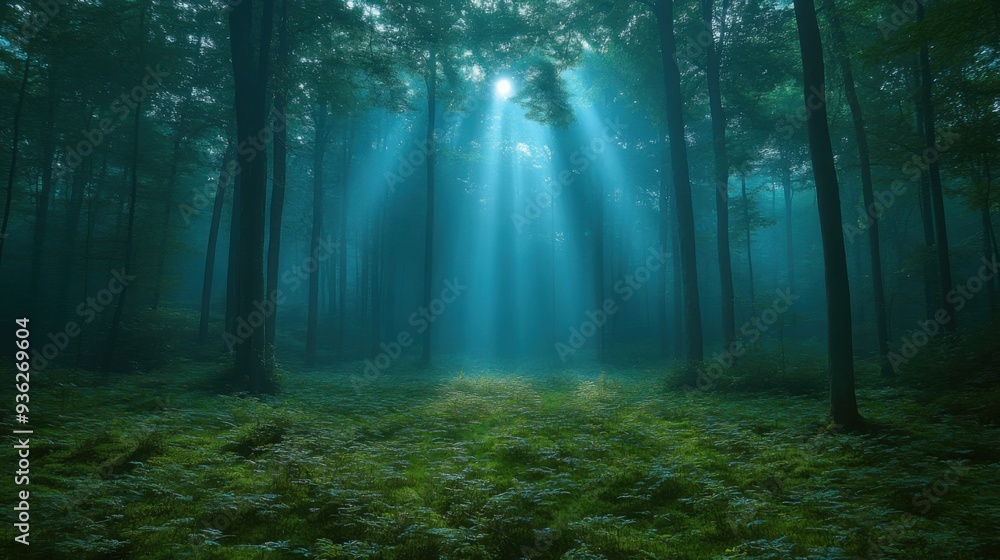 Obraz premium Sunlight streaming through lush green forest, creating serene atmosphere in tranquil woodland