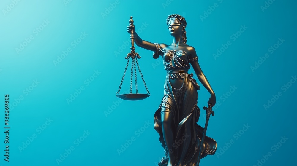 Law and Justice Icon: Lady Justice Statue on a Serene Blue Background, Embodying the Core Values of Justice and Legal Authority Law and Justice Icon: Lady Justice Statue on a Serene Blue Background, Embodying the Core Values of Justice and Legal Authority
