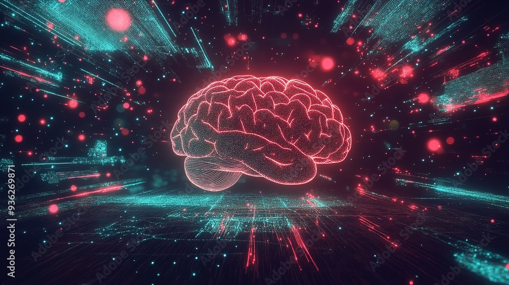 A glowing digital brain surrounded by vibrant particles in a surreal cosmic environment at night showcasing artificial intelligence concepts A glowing digital brain surrounded by vibrant particles in a surreal cosmic environment at night showcasing artificial intelligence concepts