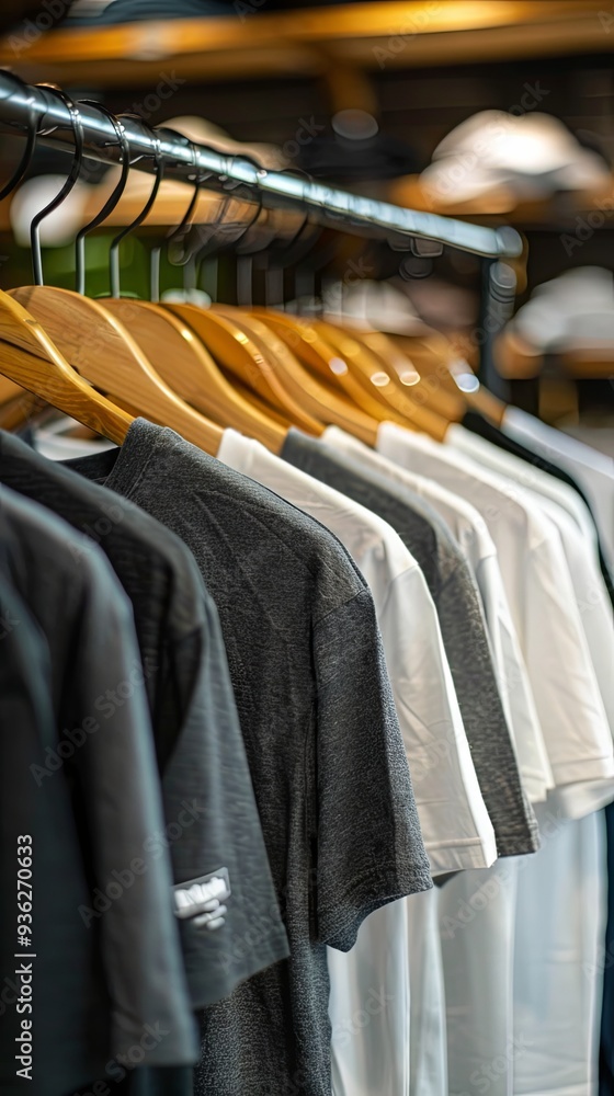 Fototapeta premium Grey and white t shirts on wooden hanger in store