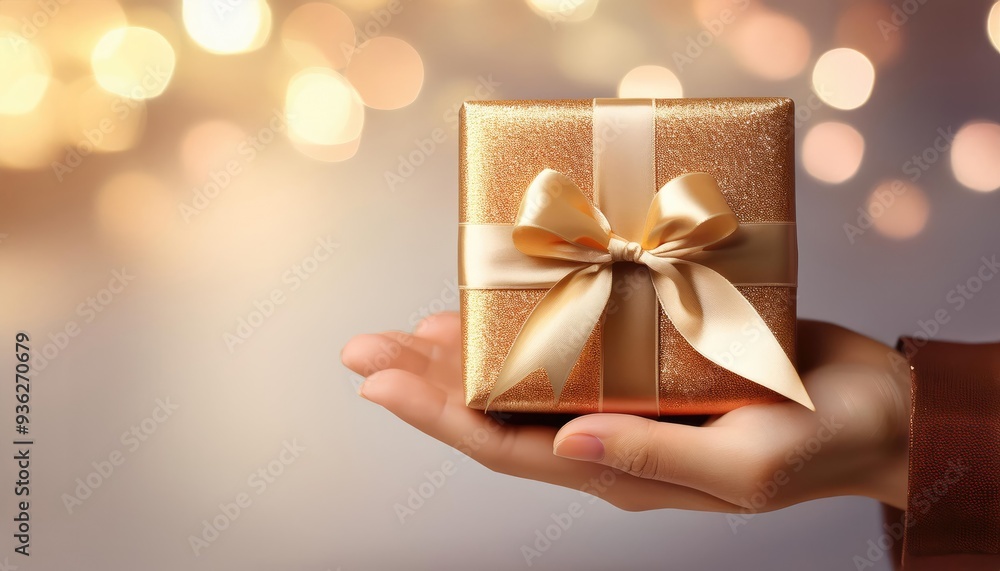 A beautifully wrapped gift in gold presented in a hand, perfect for celebrations, holidays, and moments of joy. A beautifully wrapped gift in gold presented in a hand, perfect for celebrations, holidays, and moments of joy.