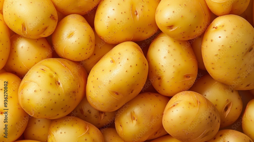 A close-up image of fresh, yellow potatoes. A close-up image of fresh, yellow potatoes.