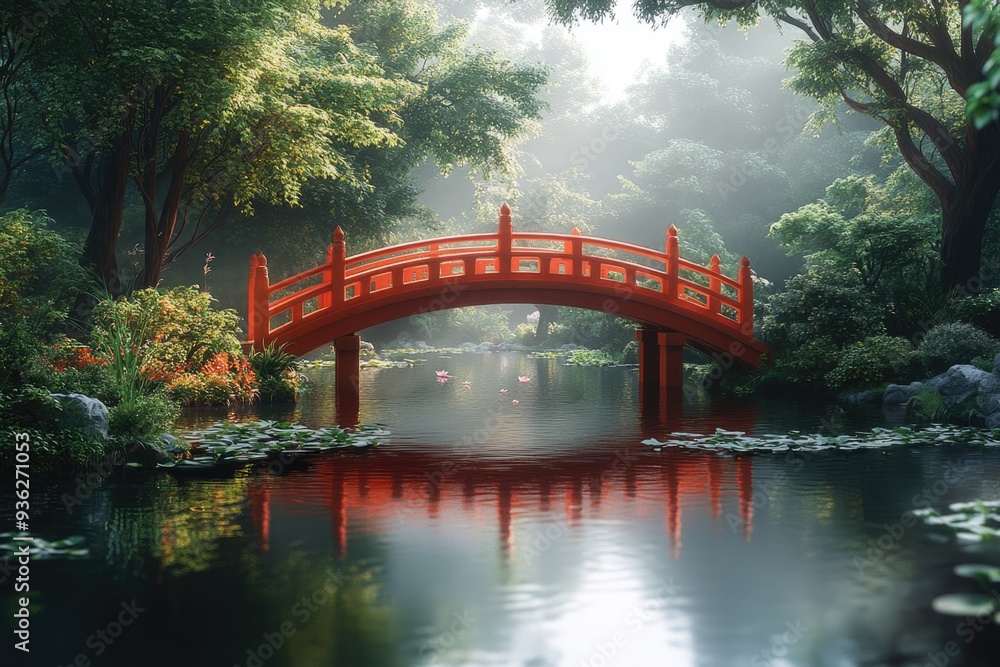 Serene Red Bridge Over Tranquil Pond in a Mist-Shrouded Forest Serene Red Bridge Over Tranquil Pond in a Mist-Shrouded Forest