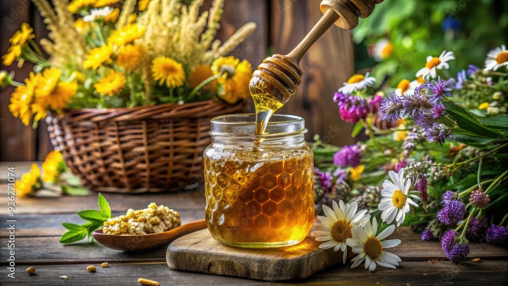 A golden liquid pours from a rustic wooden dipper into a mason jar, surrounded by fresh honeycomb and scattered wildflowers. A golden liquid pours from a rustic wooden dipper into a mason jar, surrounded by fresh honeycomb and scattered wildflowers.