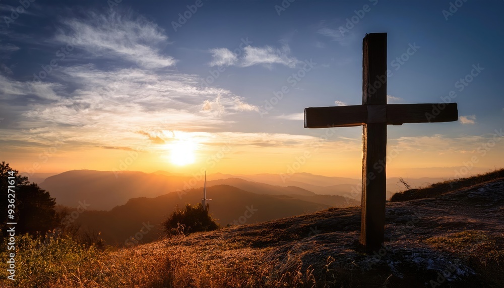 A serene sunset view with a cross silhouetted against the sky, symbolizing faith and hope in a tranquil landscape. A serene sunset view with a cross silhouetted against the sky, symbolizing faith and hope in a tranquil landscape.