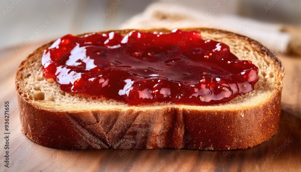 A slice of toasted bread topped with a generous spread of red jam, perfect for breakfast or a quick snack. A slice of toasted bread topped with a generous spread of red jam, perfect for breakfast or a quick snack.