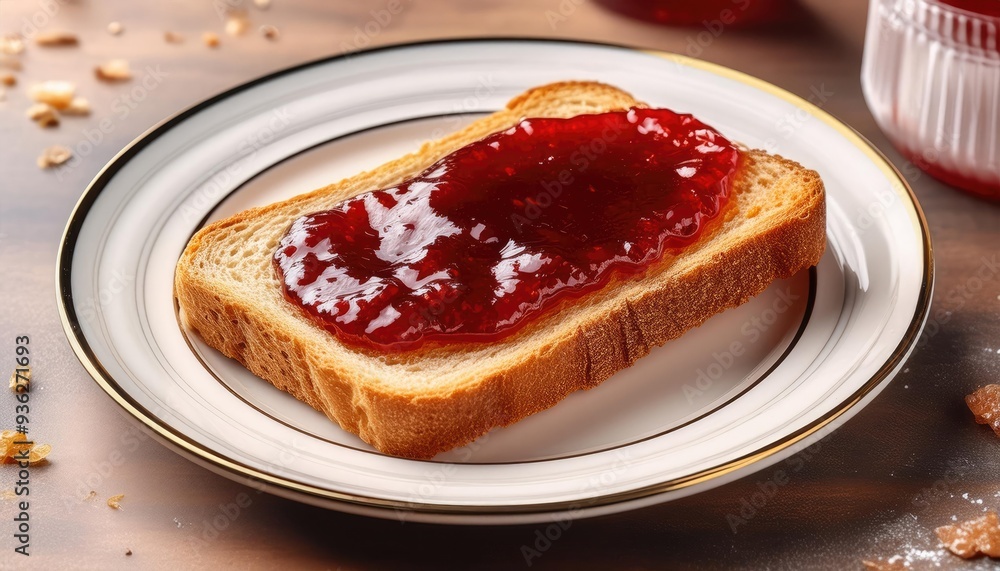 A slice of toast topped with vibrant red jelly, served on a decorative plate. Perfect for breakfast or snack inspiration. A slice of toast topped with vibrant red jelly, served on a decorative plate. Perfect for breakfast or snack inspiration.