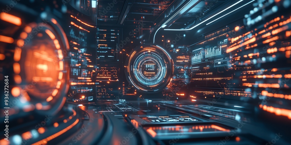 Futuristic holographic interface with glowing lines and data visualization of ai Futuristic holographic interface with glowing lines and data visualization of ai