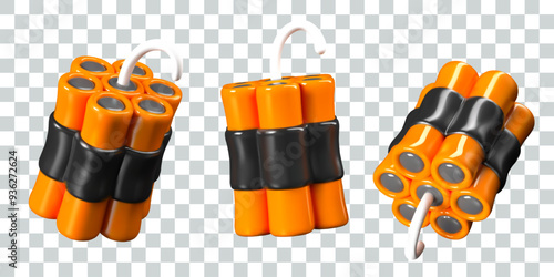 Bundle of orange dynamite sticks with ignition cord. Vector realistic model