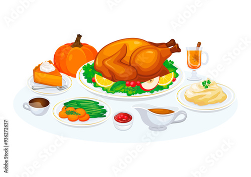 Thanksgiving dinner with roasted turkey, mashed potatoes, pumpkin pie, gravy, cranberry illustration. Thanksgiving dinner foods menu icon set. Roasted turkey with garnish on a plate drawing