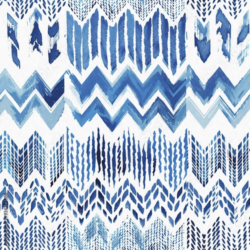 Summery ikat zig zag pattern in painterly brushstroke digital design. Modern coastal living printed chevron textile decor in seamless all over template.  photo