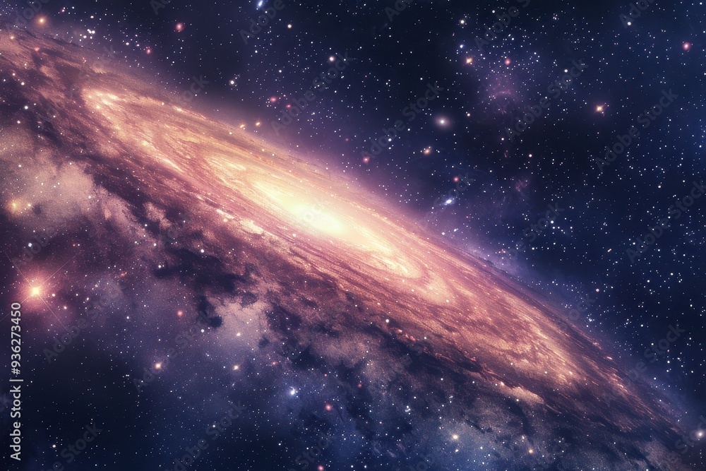 Fototapeta premium Glowing spiral galaxy with bright center and dust clouds in deep space.