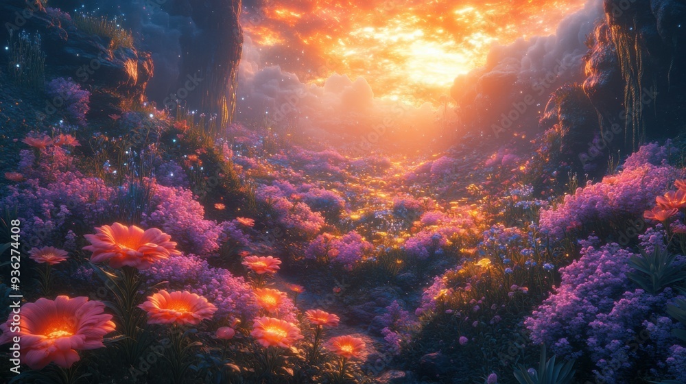 Enchanted floral landscape at sunset with vibrant flowers and mystical atmosphere Enchanted floral landscape at sunset with vibrant flowers and mystical atmosphere