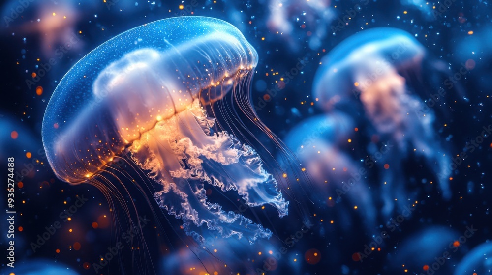 Glowing jellyfish floating in deep blue ocean with mysterious bioluminescent light Glowing jellyfish floating in deep blue ocean with mysterious bioluminescent light