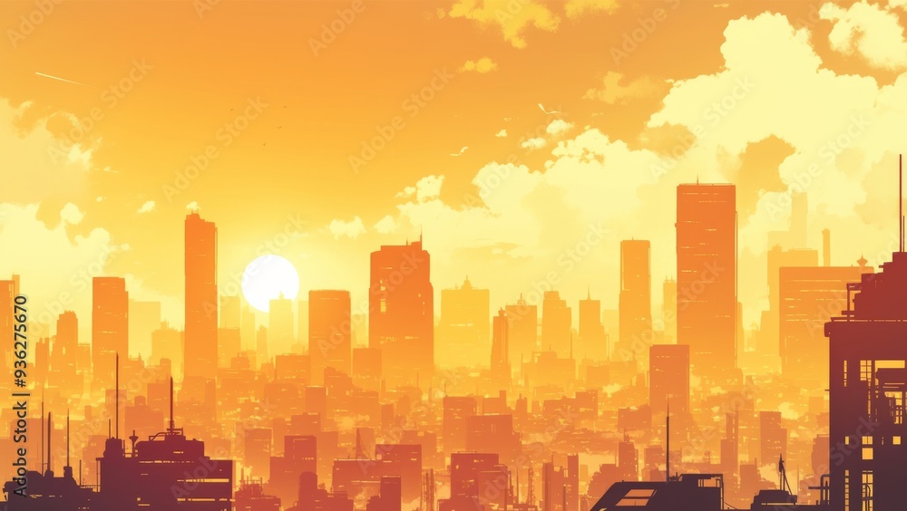 Obraz premium city Skyline at Sunset, Featuring Sun Setting Behind Tall Buildings and Clouds in the Sky