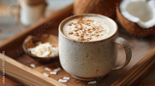 a frothy coconut milk latte in a ceramic mug, with a few coconut flakes and a coconut half in the background, placed on a wooden tray