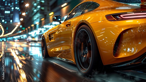 yellow fast moving car at night