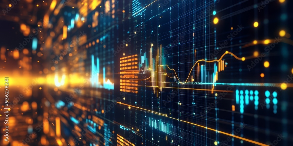 Fototapeta premium Futuristic holographic interface with glowing lines and AI data visualizations