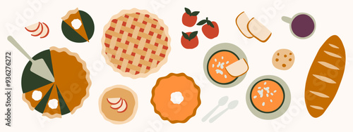 Autumn food vector illustration set. Fall kitchen elements. Pumpkin pie, apple pie, pumpkin soup